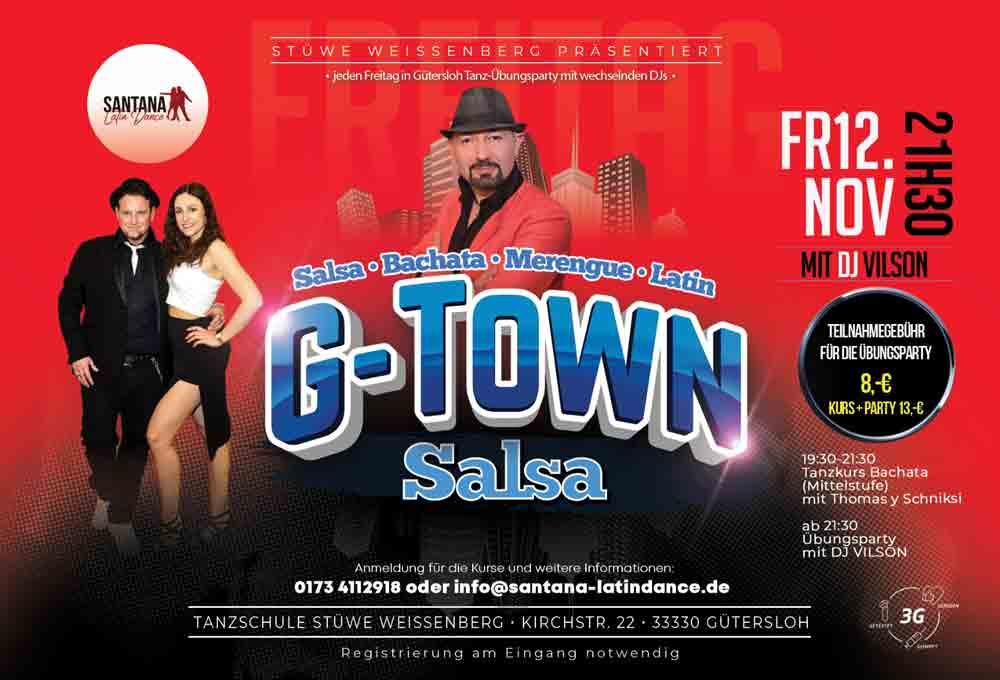 Anzeige: Gütersloh: »G-Town Salsa«, Salsa-Party am 12. November 2021 bei Stüwe-Weissenberg, immer freitags