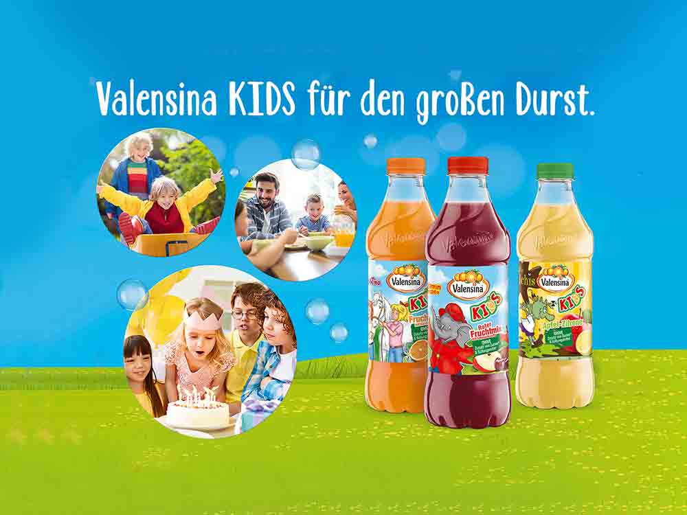  Trinkspaß garantiert: Valensina Kids für den großen Durst, das beliebte Kinder Fruchtsaftgetränk nun auch in 1 Liter Flaschen erhältlich
