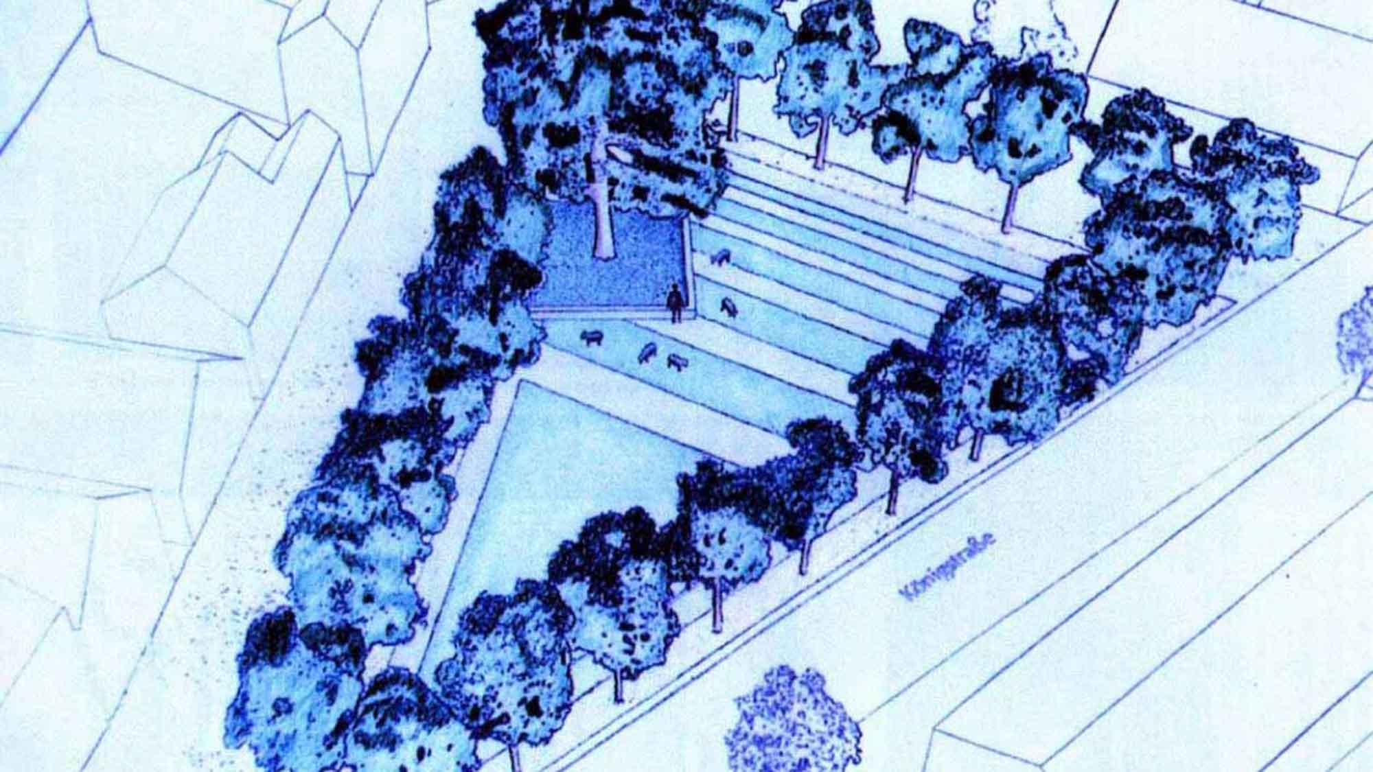 Gütersloh: Masterplan mit Teich mit Baum auf dem Dreiecksplatz, Visionäres aus dem Jahr 2002